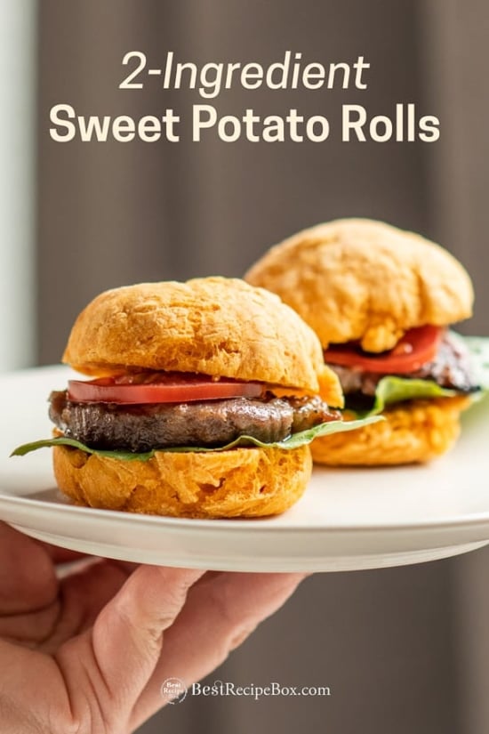 2-Ingredient Sweet Potato Rolls recipe for no yeast bread on plate 