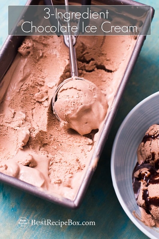 No Churn Easy Chocolate Ice Cream Recipe with just 3 Ingredients in a bowl with a ice cream scoop 