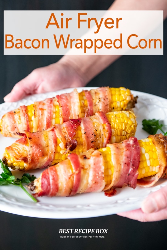 Air fryer bacon corn on the cob on plate 