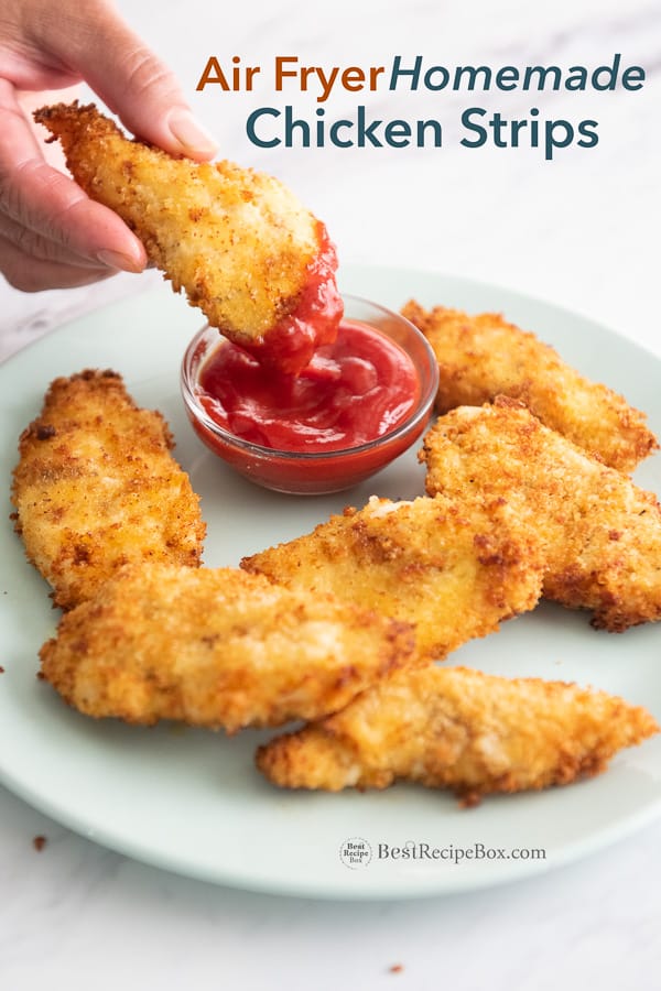 Air Fryer Chicken Strips Recipe or Chicken Tenders in Air Fryer on a plate with dipping sauce 