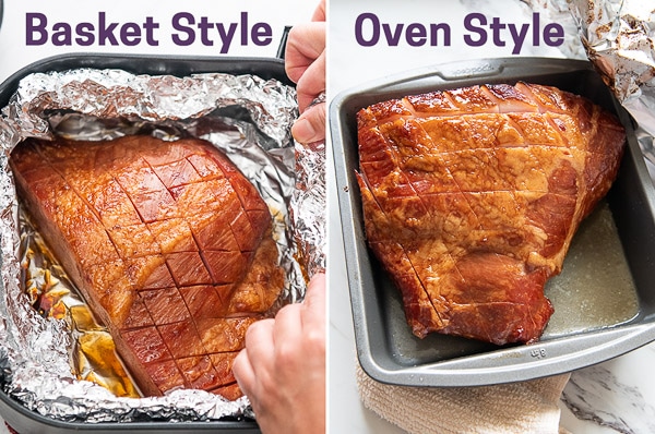 Two pictures with ham in air fryer and ham in baking pan