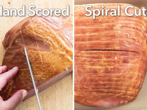 Two images of ham - one being score the other with a spiral cut