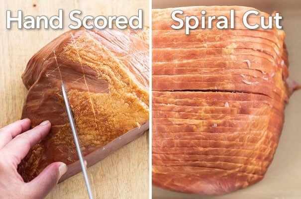 Two images of ham - one being score the other with a spiral cut