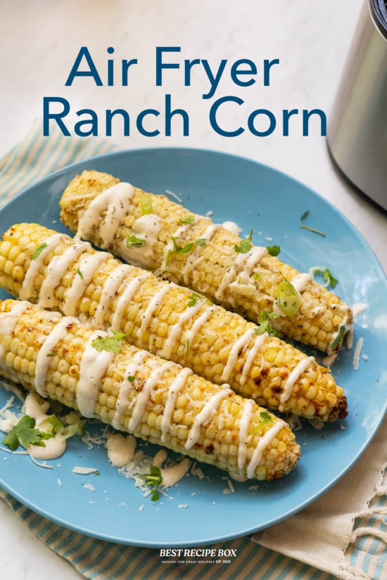 air fryer ranch corn on the cob on blue plate 