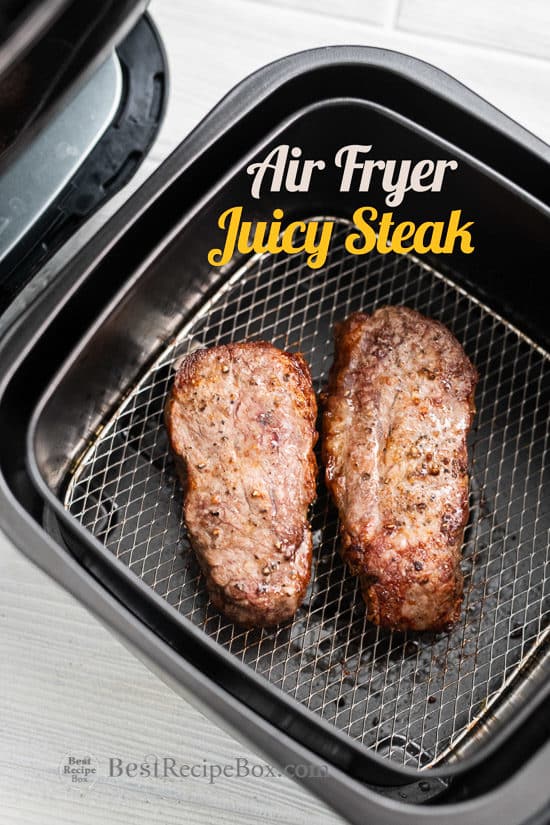 Cooked Steak in air fryer basket