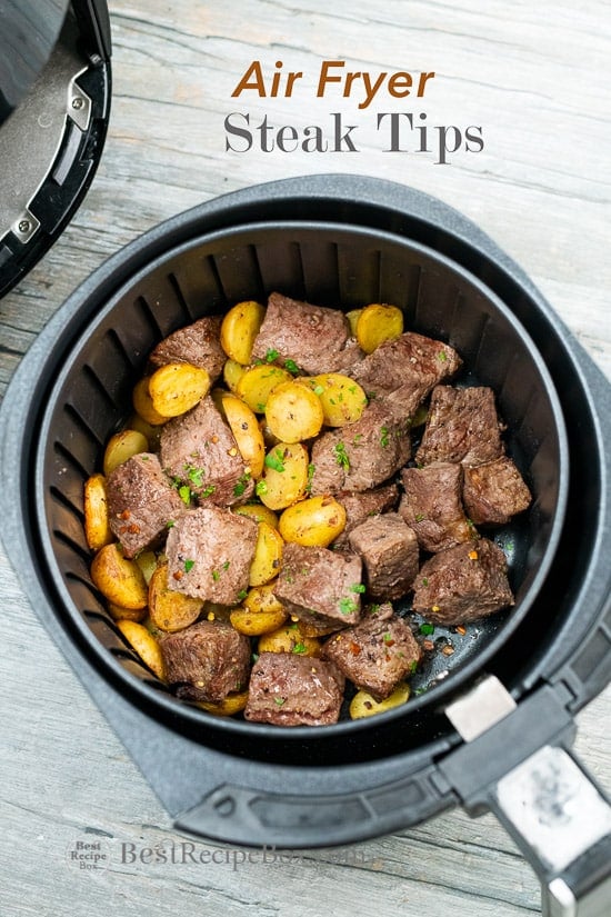 Best Air Fryer Steak Tips Recipe in the Air Fryer basket 