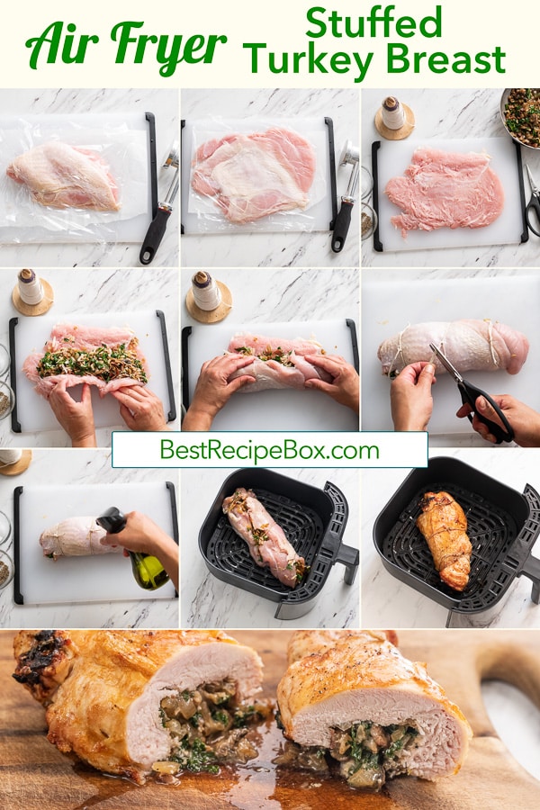Air Fryer Stuffed Turkey Breast Roll with Bacon, Mushroom, Kale or Spinach step by step