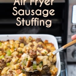 air fryer sausage stuffing with spoon