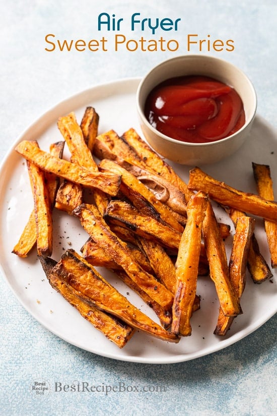 Air Fryer Sweet Potato Fries Recipe on a plate with ketchup 