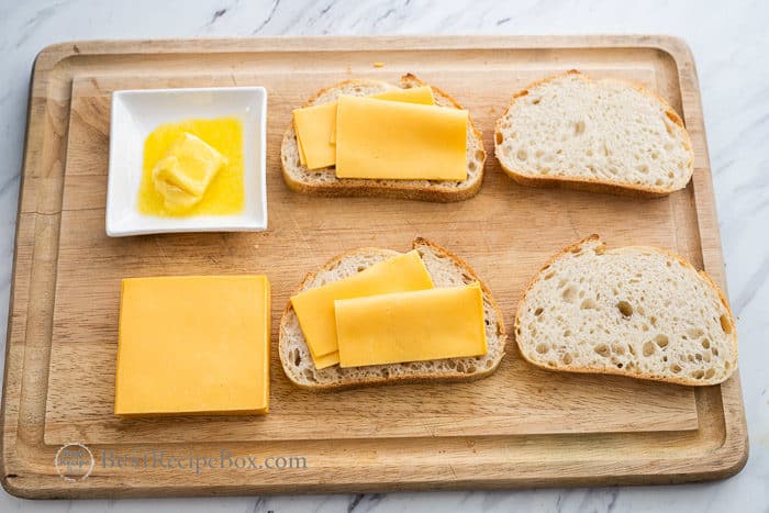 Bread with cheese for grilled cheese sandwich