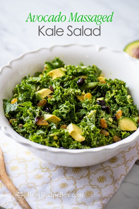Avocado Massaged Kale Salad and Healthy Kale Salad in a bowl 