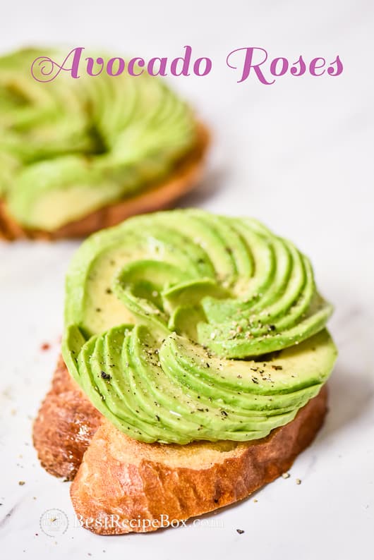 Avocado Rose Toast- How To Make Avocado Roses for Salads on a cutting board 
