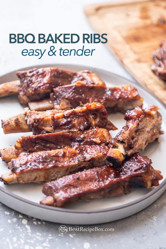 BBQ Oven Baked Pork Ribs : Tender Fall off the Bone Best Baked Ribs on plate