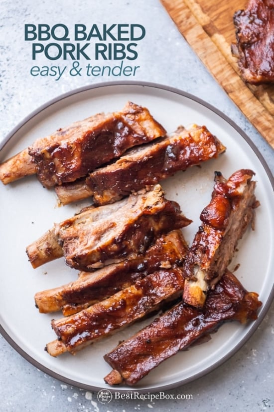 BBQ Oven Baked Pork Ribs : Tender Fall off the Bone Best Baked Ribs on plate 