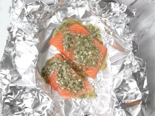 Garlic butter marinade over the salmon