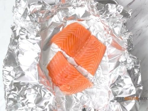 Raw salmon on foil