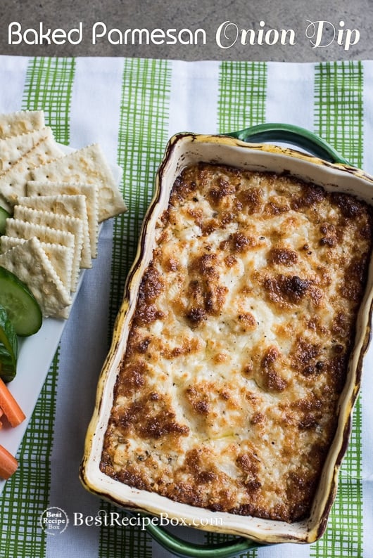 Baked Parmesan hot Onion Dip in dish