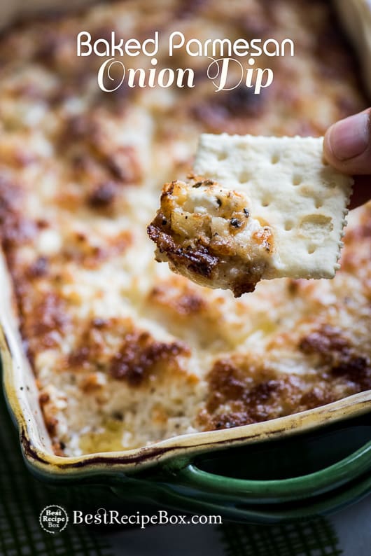 Baked Parmesan Onion Dip | Cheesy Hot Onion Dip in casserole with crackers 
