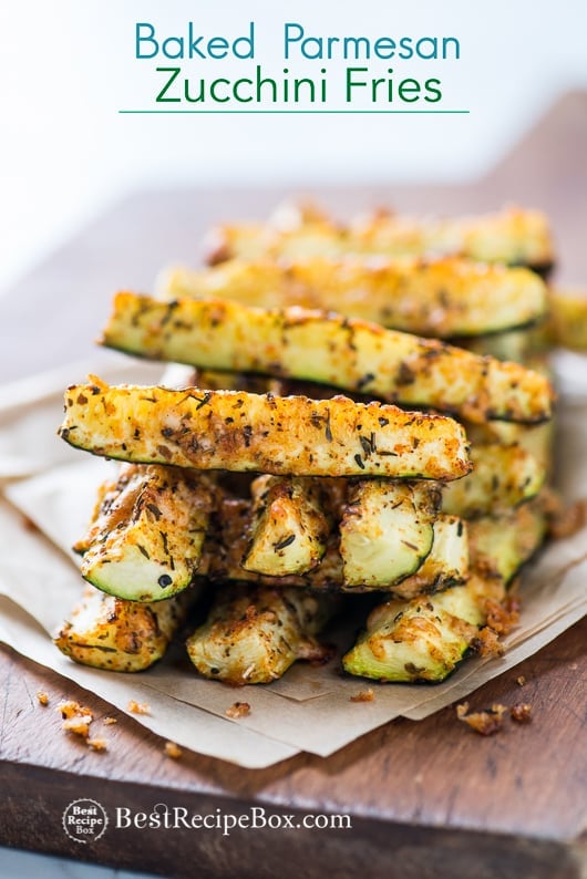 Baked Parmesan Zucchini Fries on a cutting board