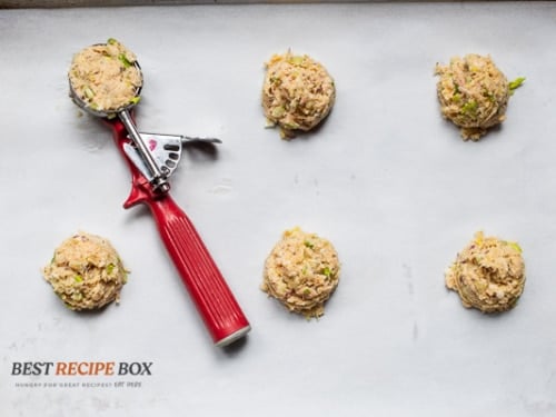Using cookie scoop to form tuna patties