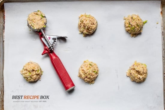 Using cookie scoop to form tuna patties
