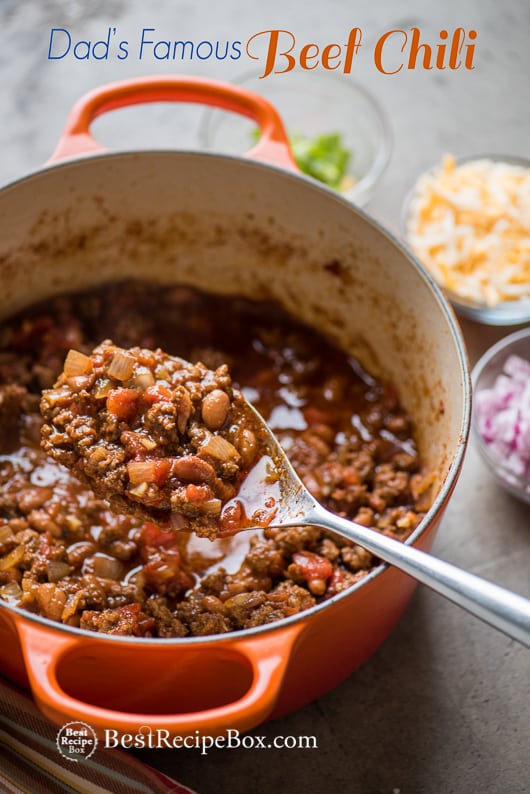 Beef Chili Recipe with Beans in cooking pot with spoon 