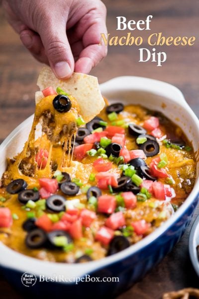 Beef Nacho Cheese Dip Best Appetizer Recipe in a casserole with chips
