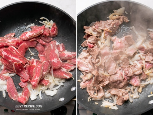Beef added to the pan