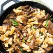 Low carb pan of stir fried beef and cauliflower from bestrecipebox.com