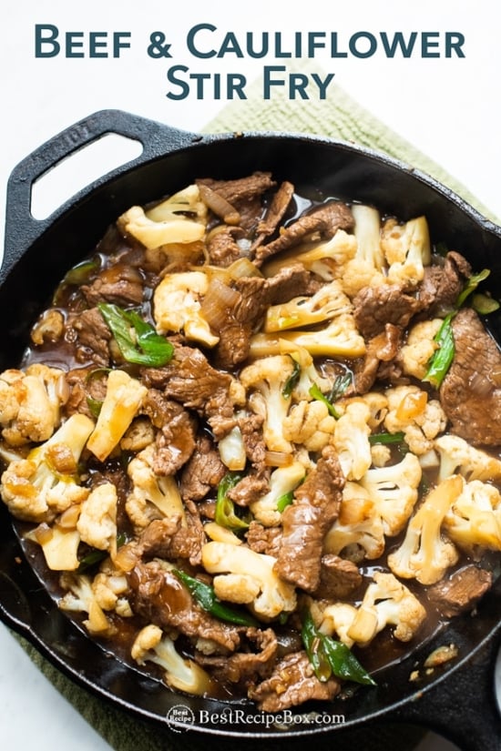 Low carb pan of stir fried beef and cauliflower cast iron skillet