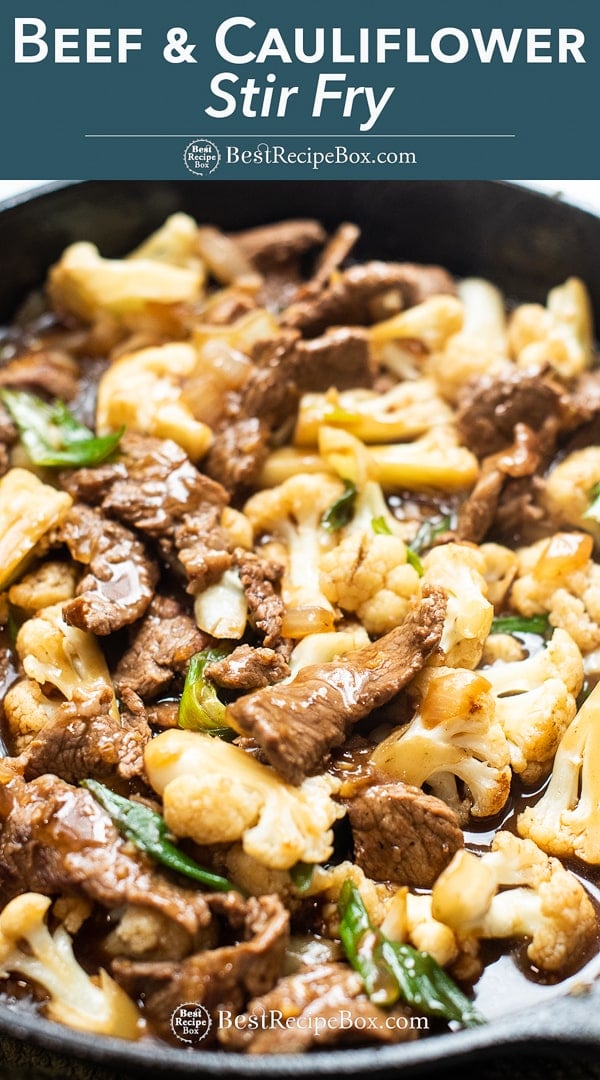 Healthy pan of skillet stir fried beef and cauliflower cast iron skillet