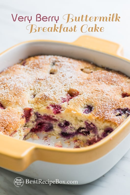 Very Berry Buttermilk Breakfast Cake with Blueberries in a casserole 