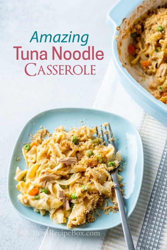 Best Tuna Casserole Recipe with Egg Noodles on a plate with fork