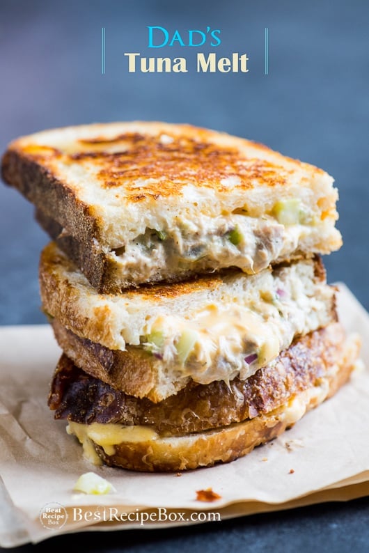 Best Tuna Melt Sandwich or Tuna Grilled Cheese Sandwich Recipe on a cutting board