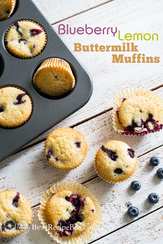Blueberry Lemon Buttermilk Muffins for Breakfast or Brunch on a muffin pan 