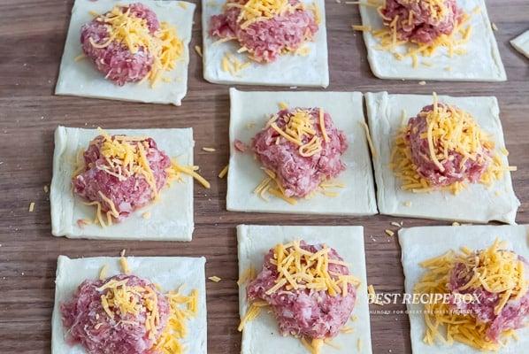 sausage and cheese filling on pastry