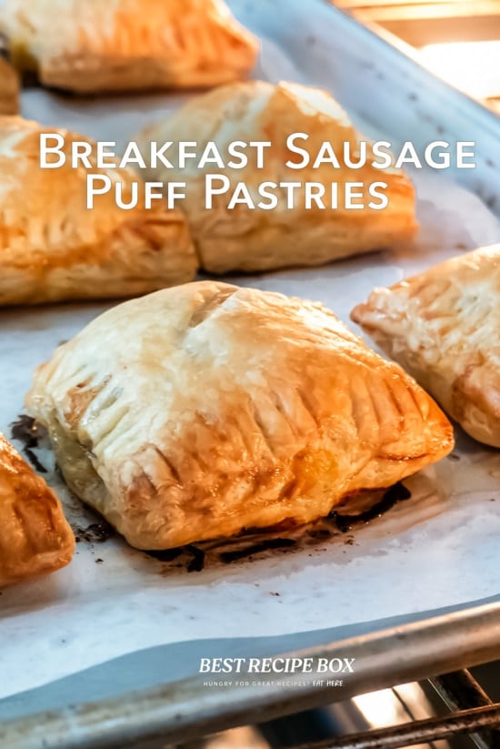 breakfast sausage cheese puff pastries on baking pan