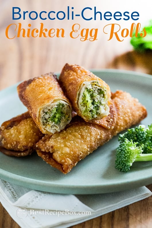 Broccoli and Cheese Chicken Egg Rolls on a plate 