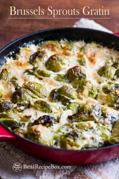 Cheesy Brussels Sprouts Gratin Casserole Recipe in casserole cast iron skillet