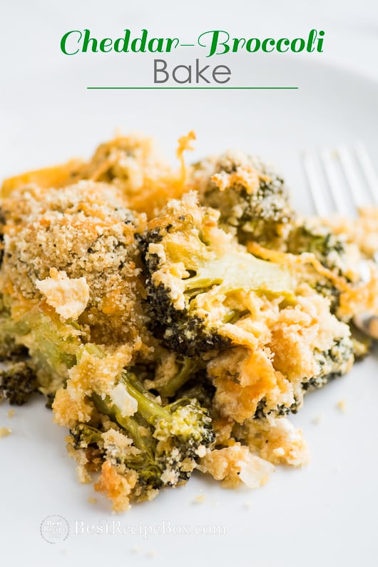 Cheddar Broccoli Bake with Parmesan Cheese | Broccoli Cheese Casserole on cutting board