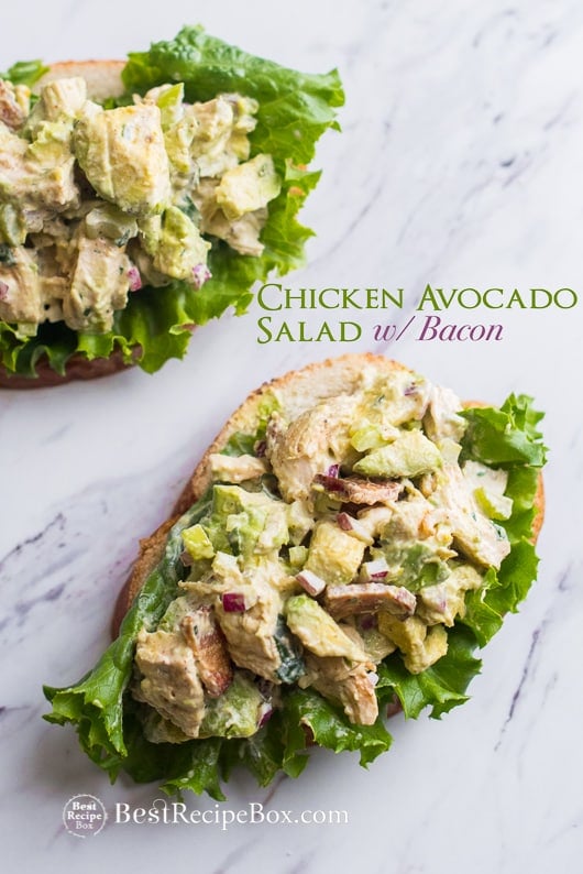 Avocado Chicken Salad Recipe with Bacon on a cutting board 