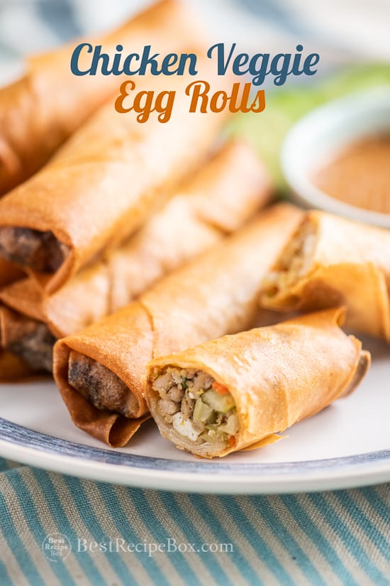 Easy Egg Rolls Recipe with Chicken, pork or beef filling on a plate 