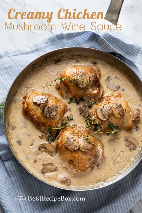 Chicken Mushroom with White Wine Cream Sauce in a cooking pan 
