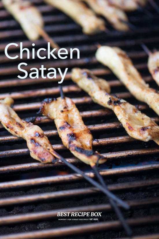 chicken satay skewers on grill 