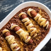 Chili Cheese Mummy Hot Dogs Recipe for Halloween Appetizer ideas @bestrecipebox