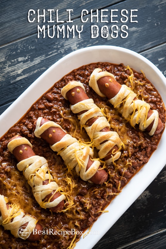 Chili Cheese Mummy Hot Dogs Recipe for Halloween Appetizer in a casserole