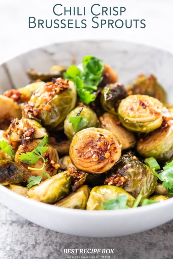 bowl of chili crunch brussels sprouts ready to serve