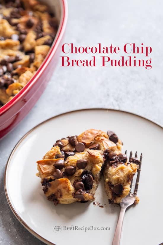 Chocolate Chip Bread Pudding Recipe on a plate with fork 