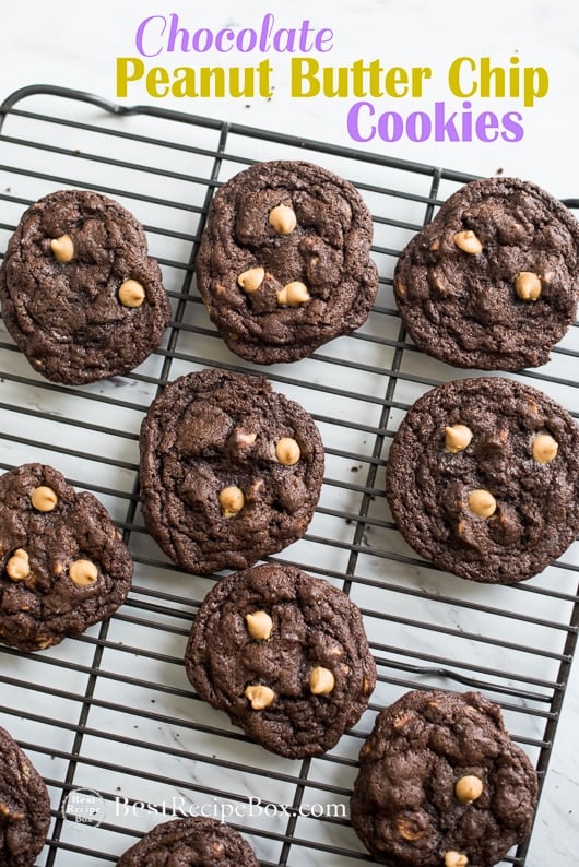 Soft and Chewy Chocolate Peanut Butter Chip Cookies on a cooling rack