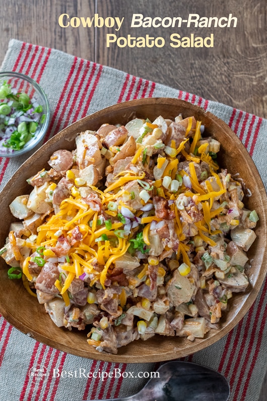 Cowboy Bacon Ranch Potato Salad Recipe in a wooden bowl 